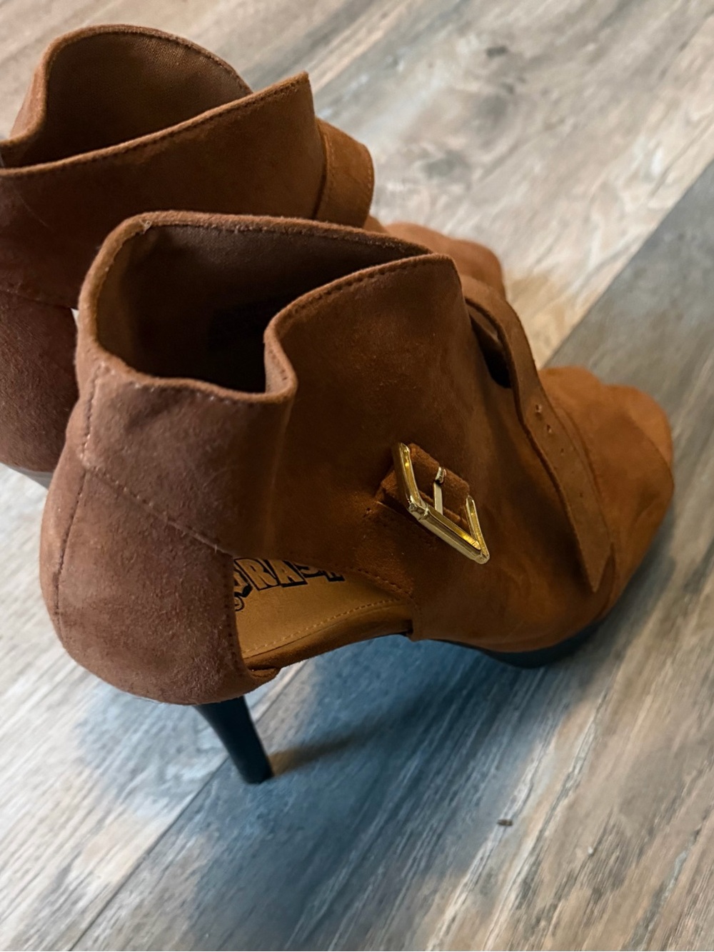 Women's Brown Suede Cutout Ankle Booties with Gold Buckle